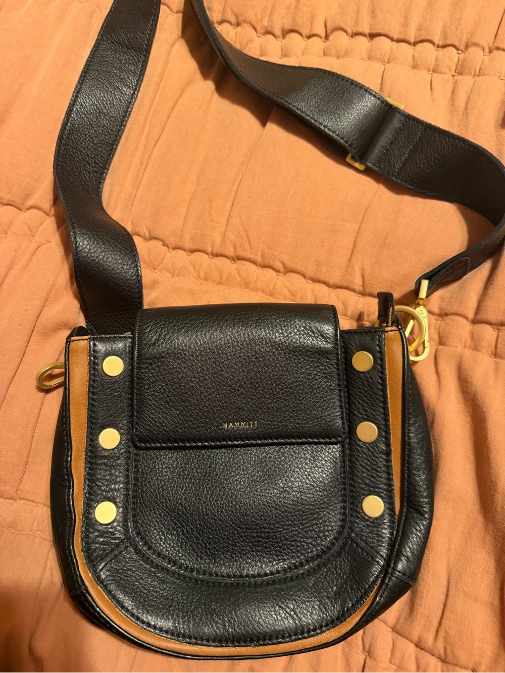 HAMMITT Black Leather Crossbody Bag with Tan Accents